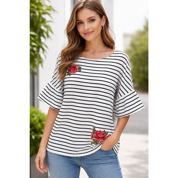 Fever Tops - FEVER Women's Striped 3/4 Flared Sleeve Knit Top 2X Navy Blue White Floral Boho